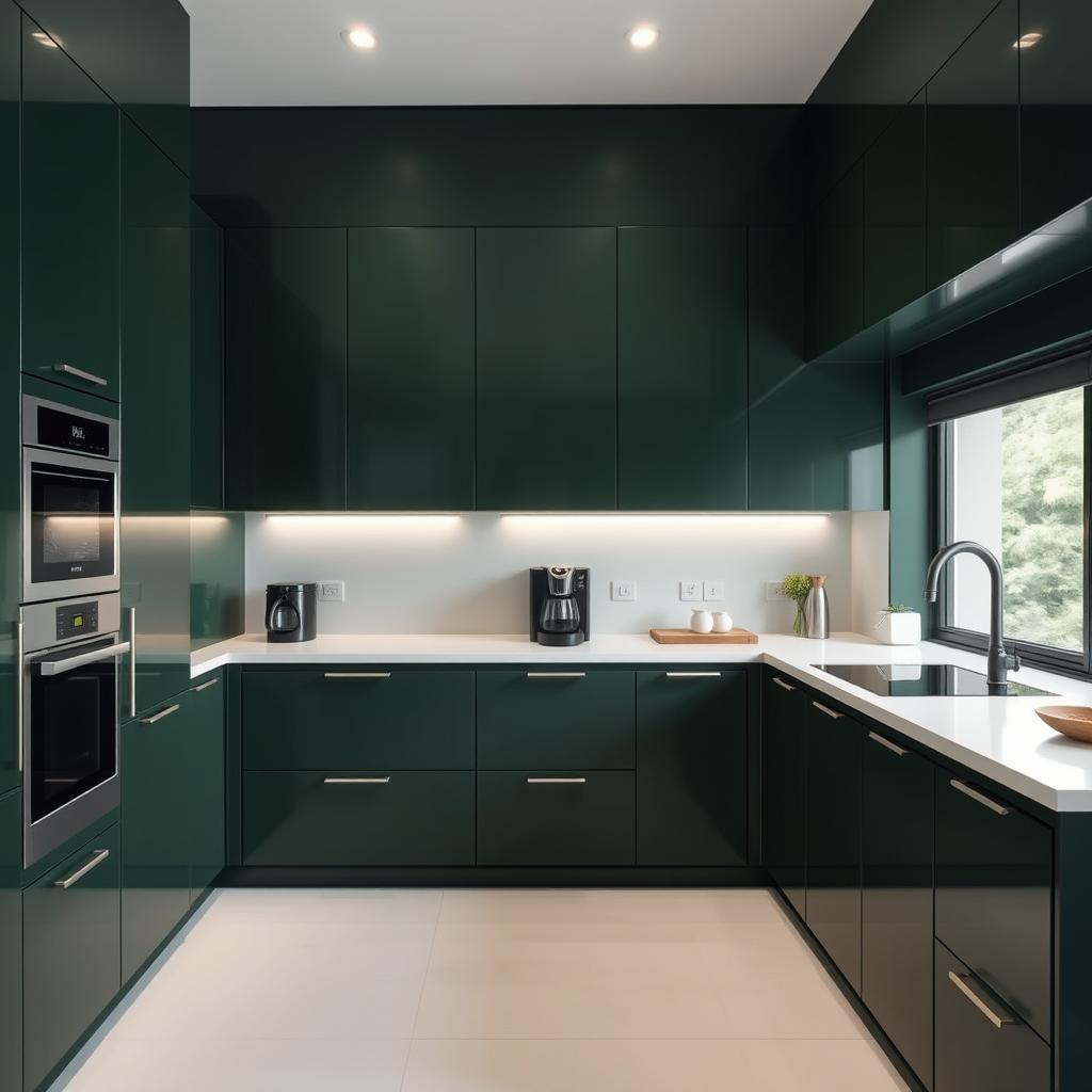 A modern kitchen featuring sleek cabinetry in a rich dark green, creating an atmosphere of elegance and tranquility