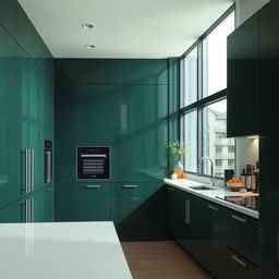 A modern kitchen featuring sleek cabinetry in a rich dark green, creating an atmosphere of elegance and tranquility