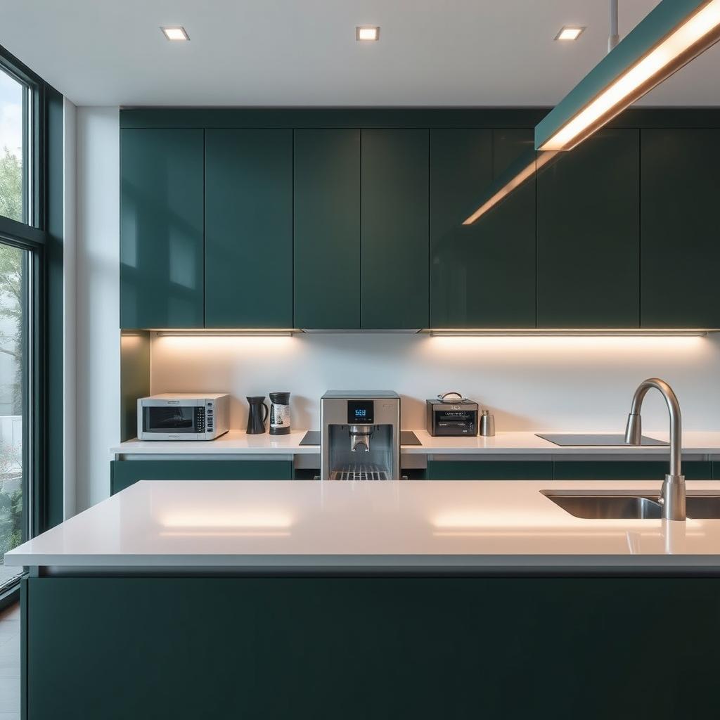 A modern kitchen featuring sleek cabinetry in a rich dark green, creating an atmosphere of elegance and tranquility