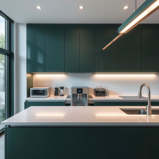 A modern kitchen featuring sleek cabinetry in a rich dark green, creating an atmosphere of elegance and tranquility