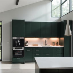 A modern kitchen featuring sleek cabinetry in a rich dark green, creating an atmosphere of elegance and tranquility