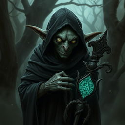 A dark goblin with white eyes, wearing a hooded cloak, leaning on a staff