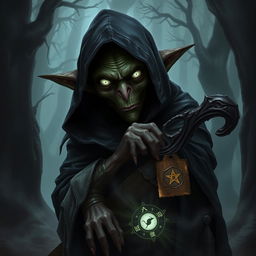 A dark goblin with white eyes, wearing a hooded cloak, leaning on a staff