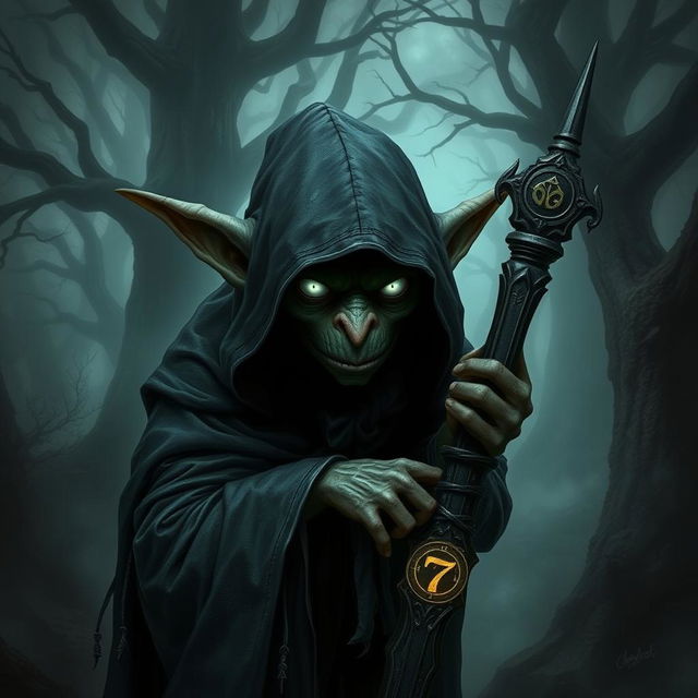 A dark goblin with white eyes, wearing a hooded cloak, leaning on a staff