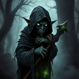 A dark goblin with white eyes, wearing a hooded cloak, leaning on a staff