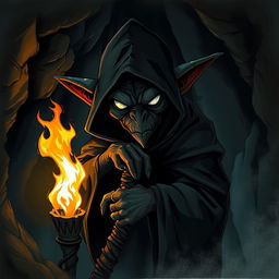 A black goblin with white eyes, wearing a hooded cloak, leaning on a staff