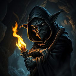 A black goblin with white eyes, wearing a hooded cloak, leaning on a staff