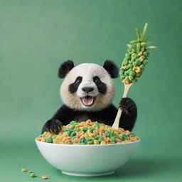 A lively image of a cheerful panda extending its spoon towards a large bowl overflowing with exclusively GREEN bamboo-patterned cereal loops. Conceived for a dynamic cereal box cover.