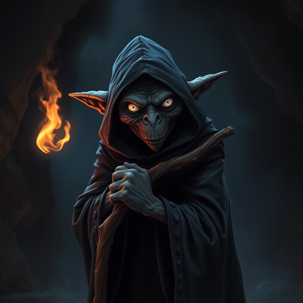 A black goblin with white eyes, wearing a hooded cloak, leaning on a staff