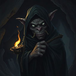 A black goblin with white eyes, wearing a hooded cloak, leaning on a staff