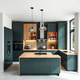 A modern kitchen featuring stylish cabinetry in a harmonious blend of dark green and light wood tones, exuding a sophisticated and natural aesthetic