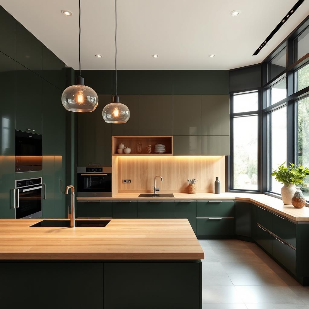 A modern kitchen featuring stylish cabinetry in a harmonious blend of dark green and light wood tones, exuding a sophisticated and natural aesthetic