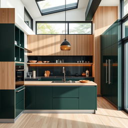 A modern kitchen featuring stylish cabinetry in a harmonious blend of dark green and light wood tones, exuding a sophisticated and natural aesthetic