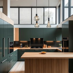 A modern kitchen featuring stylish cabinetry in a harmonious blend of dark green and light wood tones, exuding a sophisticated and natural aesthetic