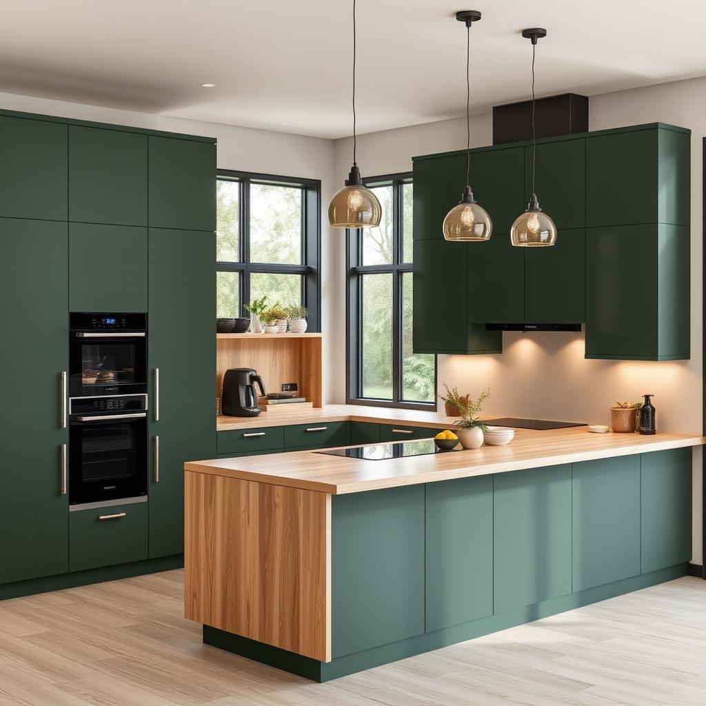 A modern kitchen showcasing elegant cabinetry in a refined mix of dark green and light wood tones, creating a warm and inviting ambiance