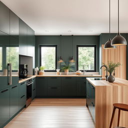 A modern kitchen showcasing elegant cabinetry in a refined mix of dark green and light wood tones, creating a warm and inviting ambiance