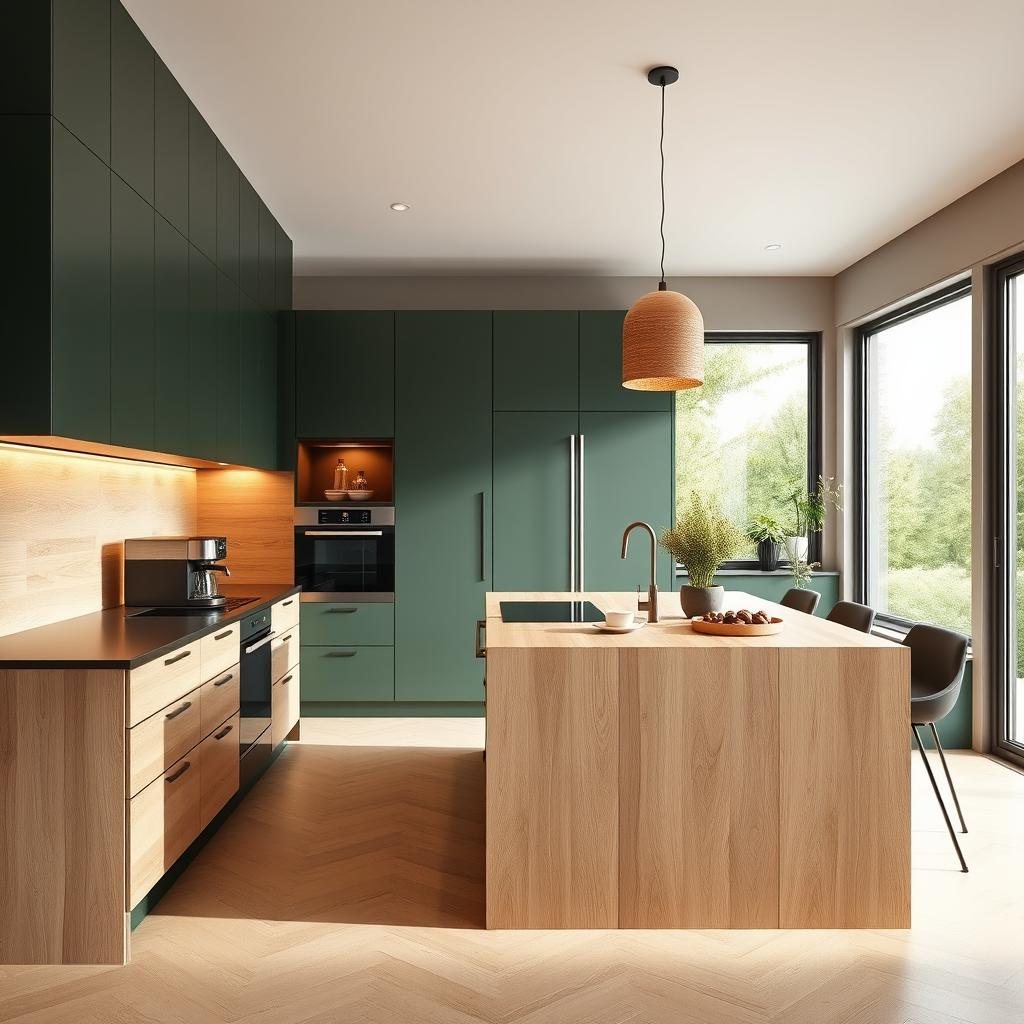 A modern kitchen showcasing elegant cabinetry in a refined mix of dark green and light wood tones, creating a warm and inviting ambiance