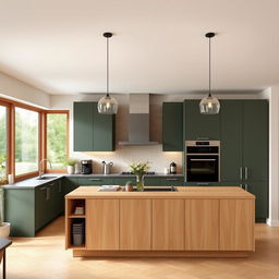 A modern kitchen showcasing elegant cabinetry in a refined mix of dark green and light wood tones, creating a warm and inviting ambiance