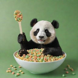 A lively image of a cheerful panda extending its spoon towards a large bowl overflowing with exclusively GREEN bamboo-patterned cereal loops. Conceived for a dynamic cereal box cover.