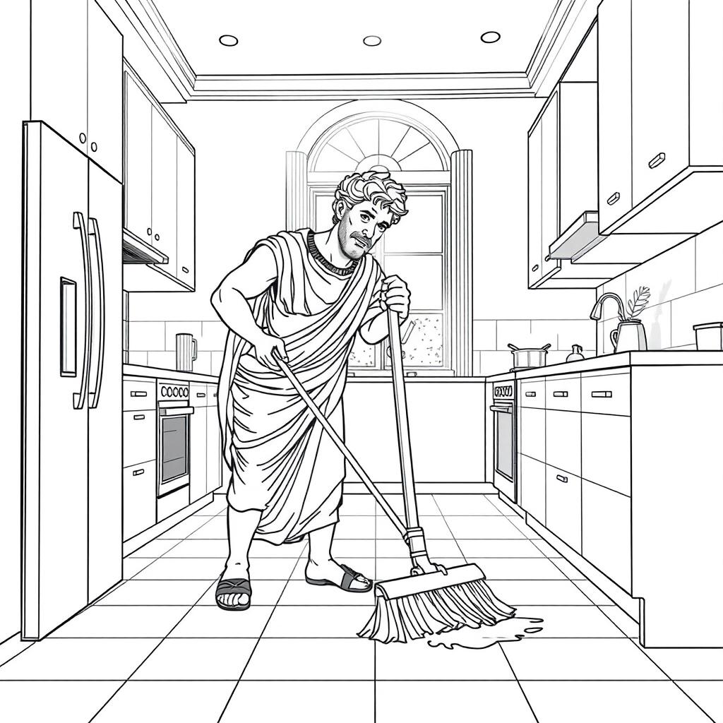 Julius Caesar depicted sweeping the floor in a modern kitchen setting