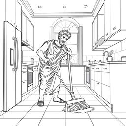 Julius Caesar depicted sweeping the floor in a modern kitchen setting