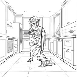 Julius Caesar depicted sweeping the floor in a modern kitchen setting