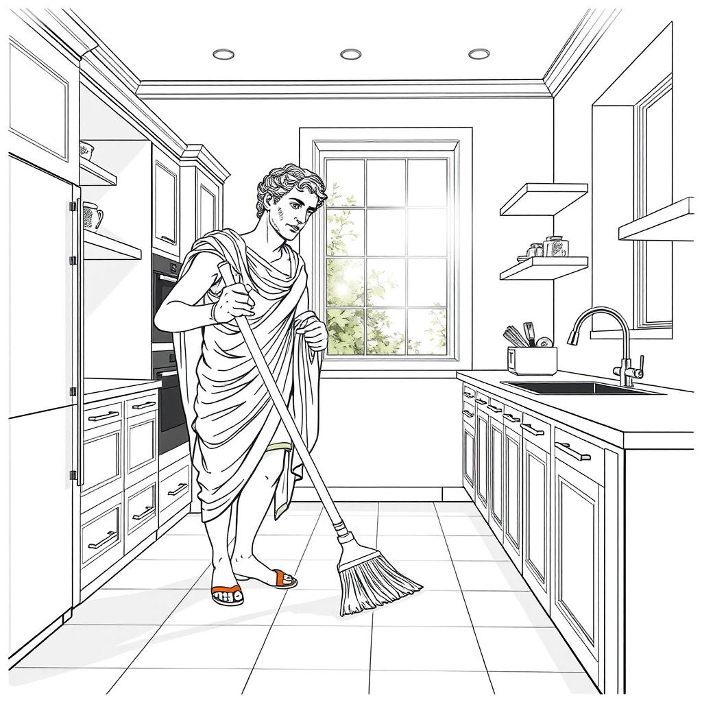 Julius Caesar depicted sweeping the floor in a modern kitchen setting