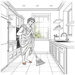 Julius Caesar depicted sweeping the floor in a modern kitchen setting