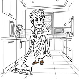 Julius Caesar depicted sweeping the floor in a modern kitchen setting