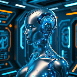 A futuristic and alluring depiction of an AI being, embodied in a human-like form with sleek, metallic textures and luminous blue highlights