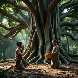 A highly detailed, photorealistic 3D scene in a remote Indonesian forest, featuring a majestic banyan tree with thick, sprawling roots and a dense canopy