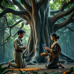 A highly detailed, photorealistic 3D scene in a remote Indonesian forest, featuring a majestic banyan tree with thick, sprawling roots and a dense canopy