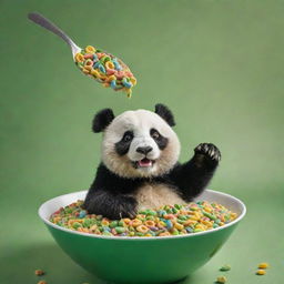 A lively image of a cheerful panda extending its spoon towards a large bowl overflowing with exclusively GREEN bamboo-patterned cereal loops. Conceived for a dynamic cereal box cover.