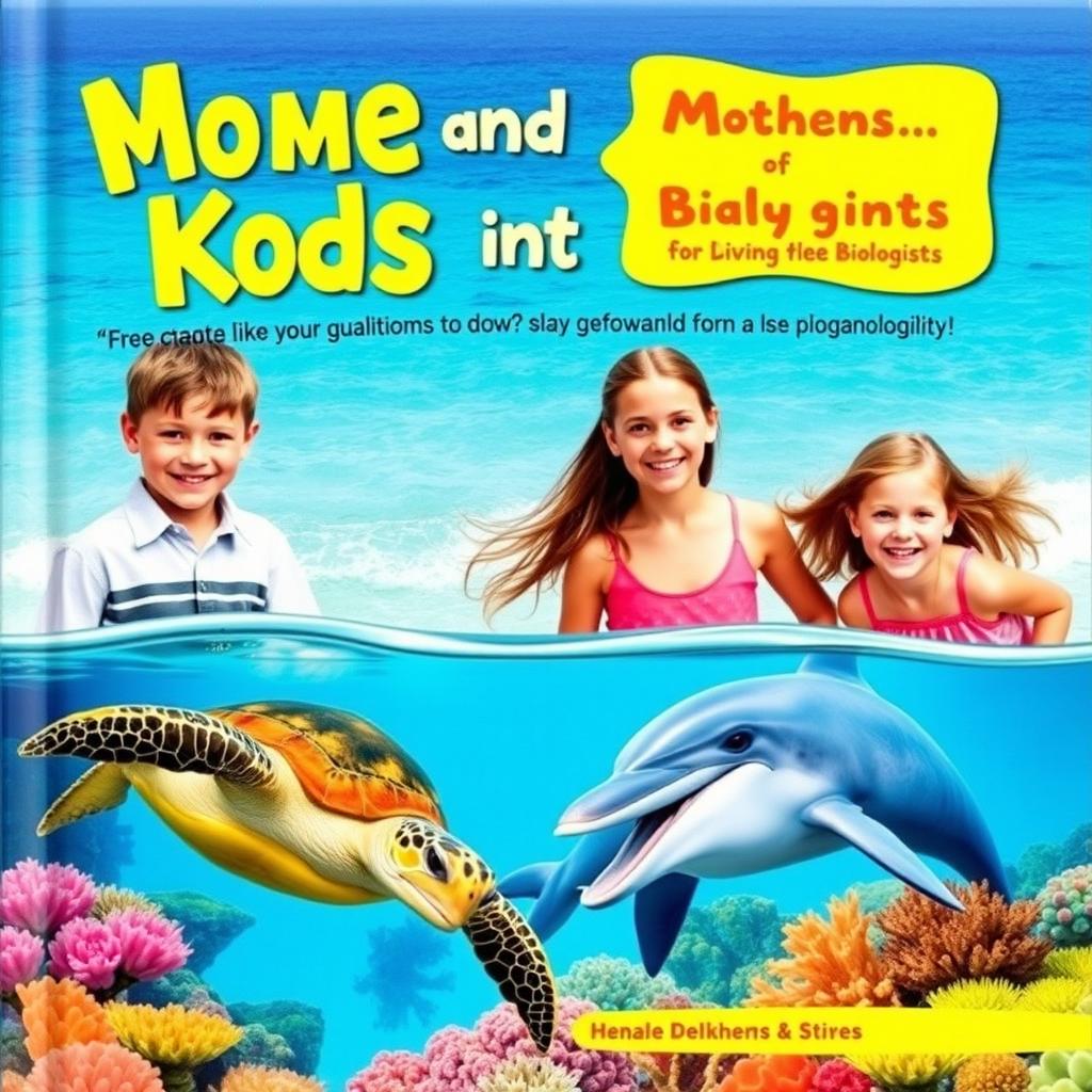 A vibrant and lively book cover featuring a young boy and girl, each accompanied by their mothers who are biologists