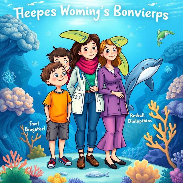 A vibrant and colorful book cover illustration depicting a boy and a girl standing side by side with their mothers, who are biologists