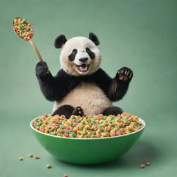 A lively image of a cheerful panda extending its spoon towards a large bowl overflowing with exclusively GREEN bamboo-patterned cereal loops. Conceived for a dynamic cereal box cover.