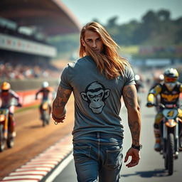 A stunning man with long hair walking confidently on a motocross racetrack during a race