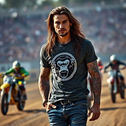 A stunning man with long hair walking confidently on a motocross racetrack during a race