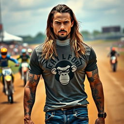 A stunning man with long hair walking confidently on a motocross racetrack during a race