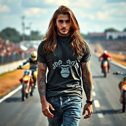 A stunning man with long hair walking confidently on a motocross racetrack during a race