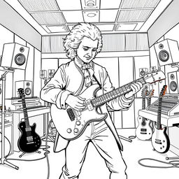 Wolfgang Amadeus Mozart depicted playing an electric guitar in a modern music studio