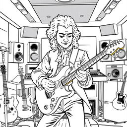 Wolfgang Amadeus Mozart depicted playing an electric guitar in a modern music studio