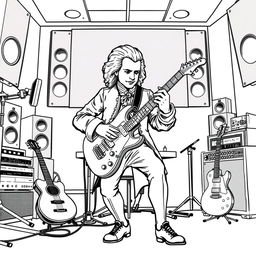 Wolfgang Amadeus Mozart depicted playing an electric guitar in a modern music studio