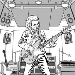 Wolfgang Amadeus Mozart depicted playing an electric guitar in a modern music studio