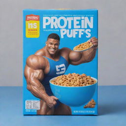 A blue cereal box showcasing an image of a muscular person as a mascot. In the center, there's a bowl filled with the cereal. The cereal is labeled as 'Protein Puffs'.