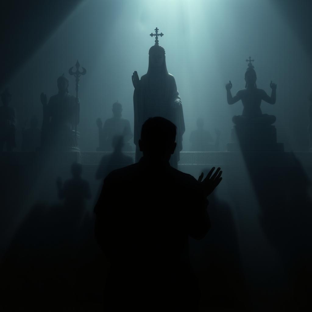 A dark and atmospheric setting featuring shadows of various religious statues and symbols, casting an aura of mystery and introspection