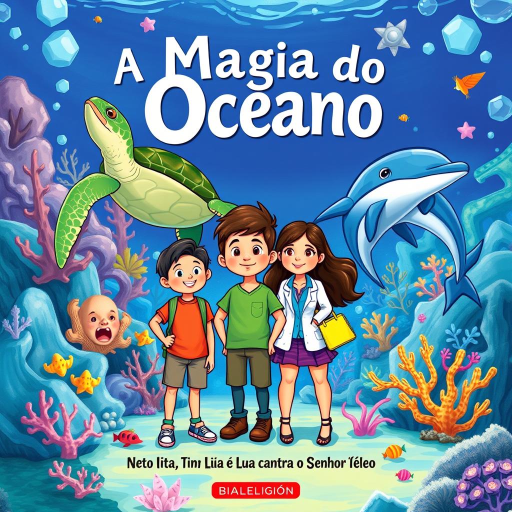 A vibrant and colorful book cover illustration featuring a boy and a girl standing with two female biologists