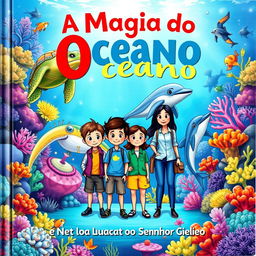 A vibrant and colorful book cover illustration featuring a boy and a girl standing with two female biologists