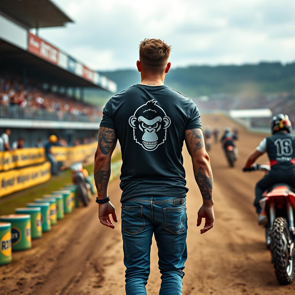 A stunning man walking confidently on a motocross racetrack near the pits during an intense race