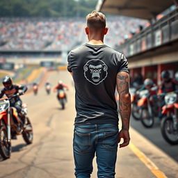 A stunning man walking confidently on a motocross racetrack near the pits during an intense race